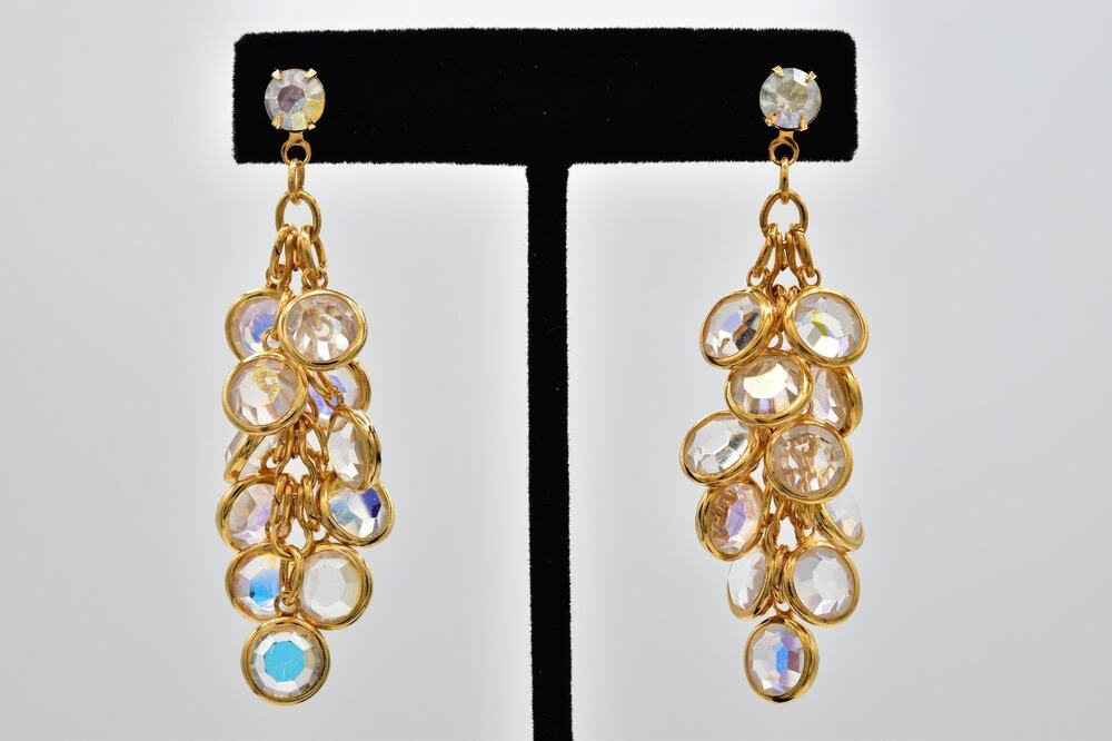 Vintage Aurora AB Open Bezel Crystal Dangle Earrings Gold Chandelier 1980s BinAZ
